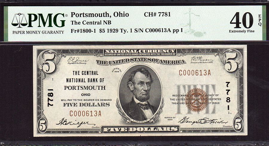 Portsmouth, OH, Central NB (1st Title) 1929T1 $5, PMG40-EPQ